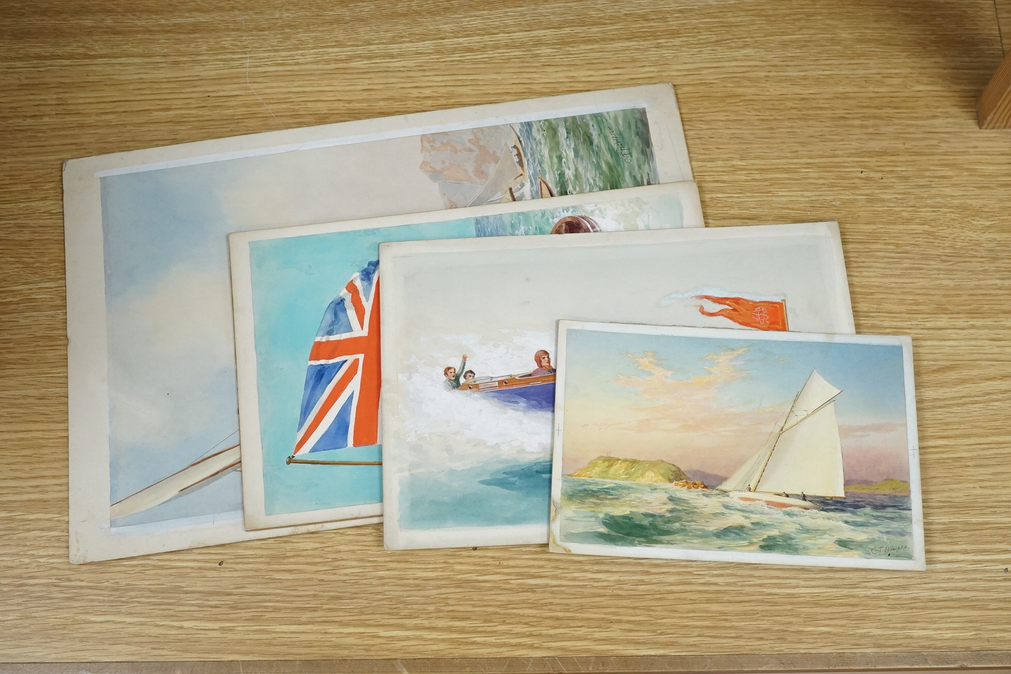 Charles Thomas Howard (1865-1942), four original watercolours for postcard designs, boating and yachting interest to include J Class Yachts Racing and Miss Britain Speedboat, two signed, largest 38 x 25cm, unframed. Cond